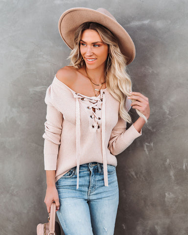 Snuggle Down Lace Up Knit Sweater Top - Blush