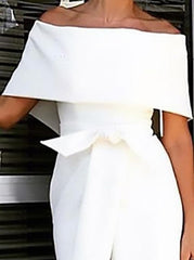 Solid Slim Fit One-shoulder Off-shoulder Split Dress
