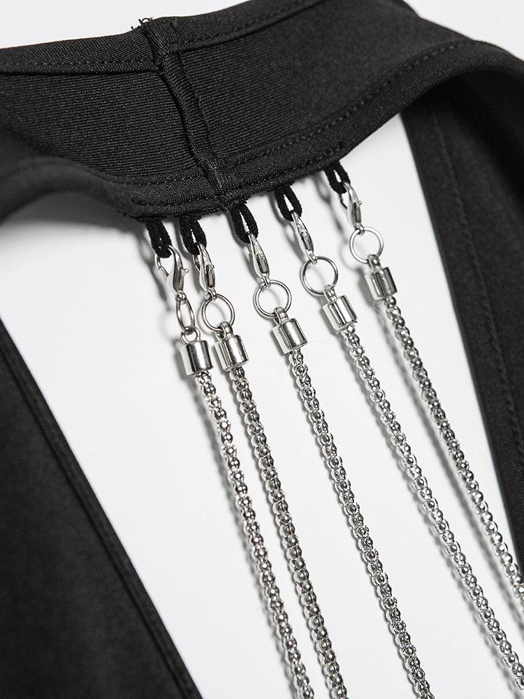 Solid V-neck Chain Sleeveless Tight Dress