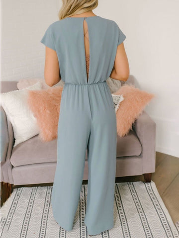 Einfarbiger lässiger Jumpsuit mit V-Ausschnitt und hoher Taille