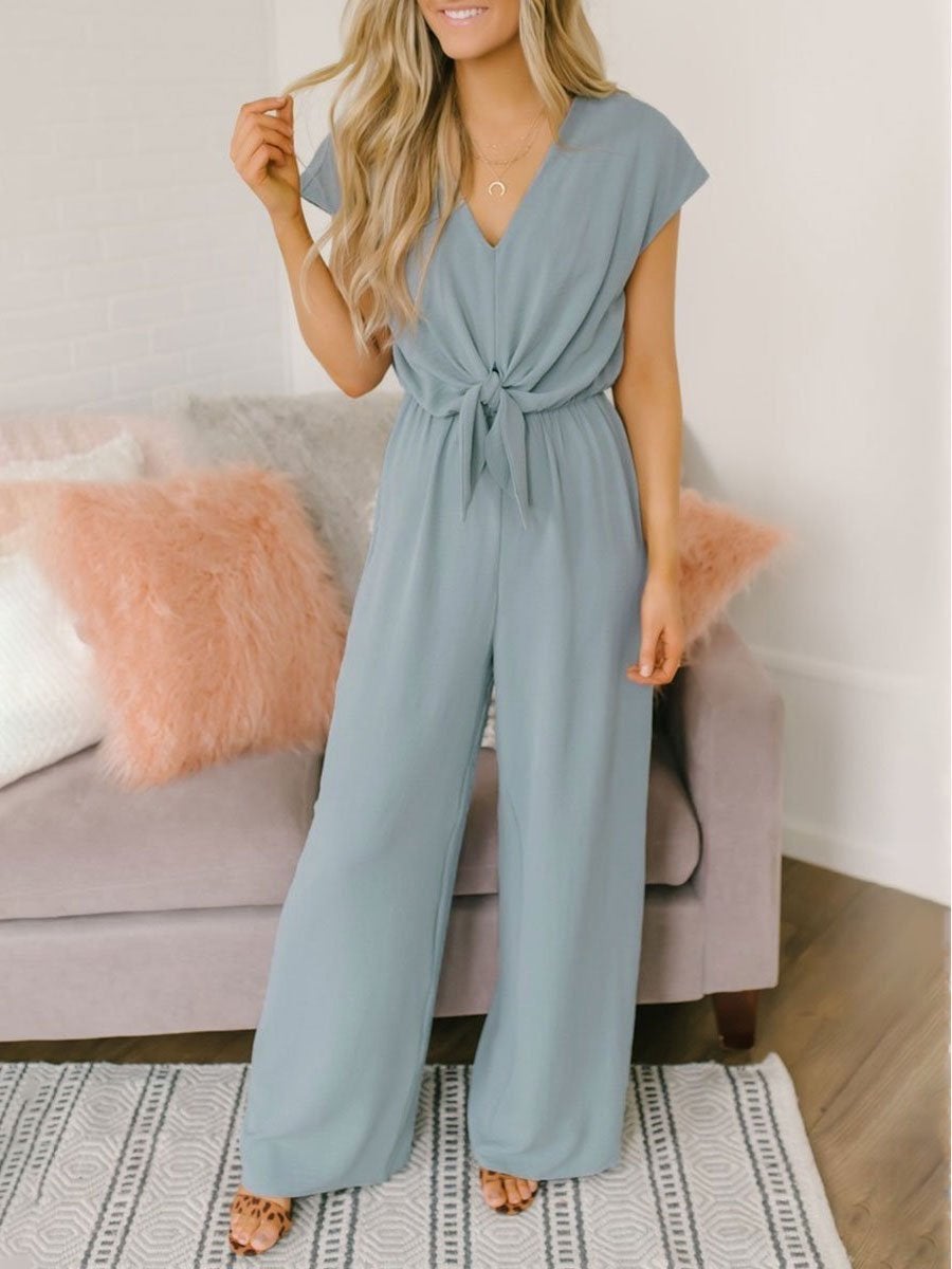 Einfarbiger lässiger Jumpsuit mit V-Ausschnitt und hoher Taille