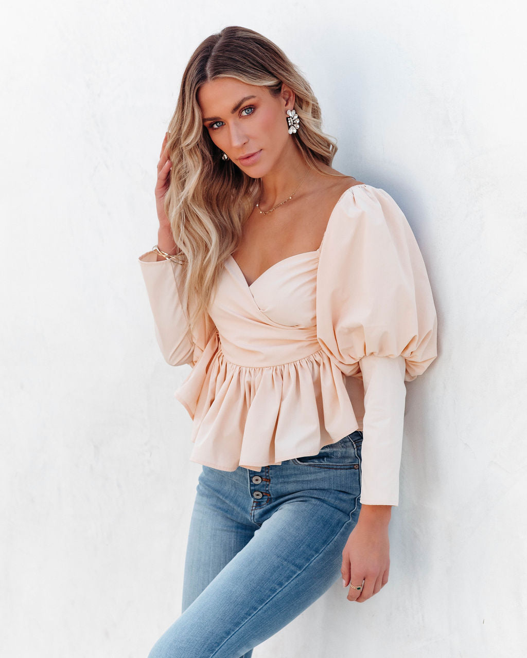 Soph Puff Sleeve Peplum Crop Top - Beige