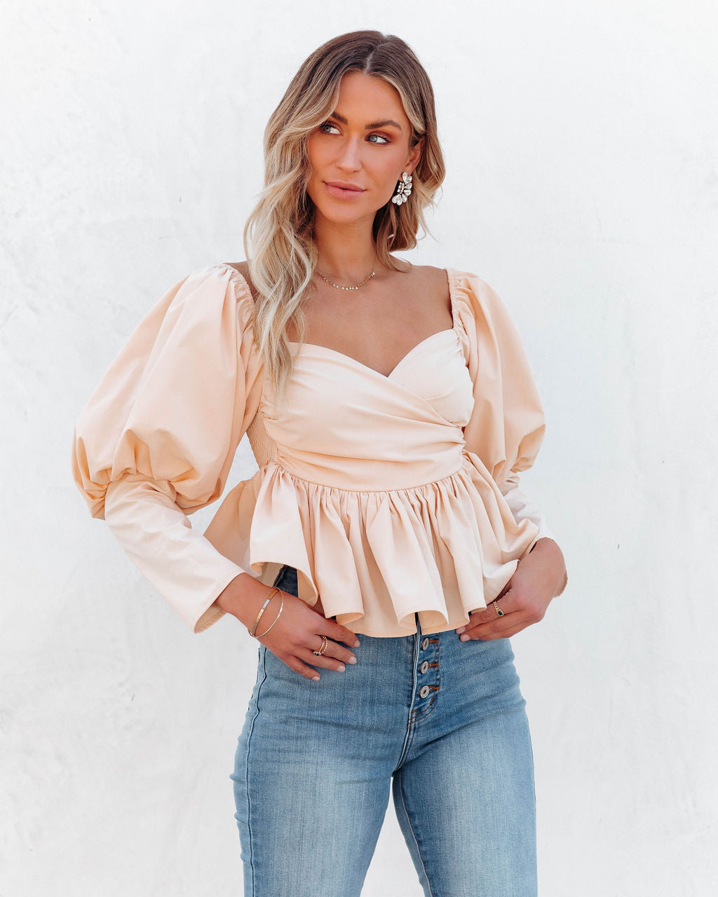 Soph Puff Sleeve Peplum Crop Top - Beige