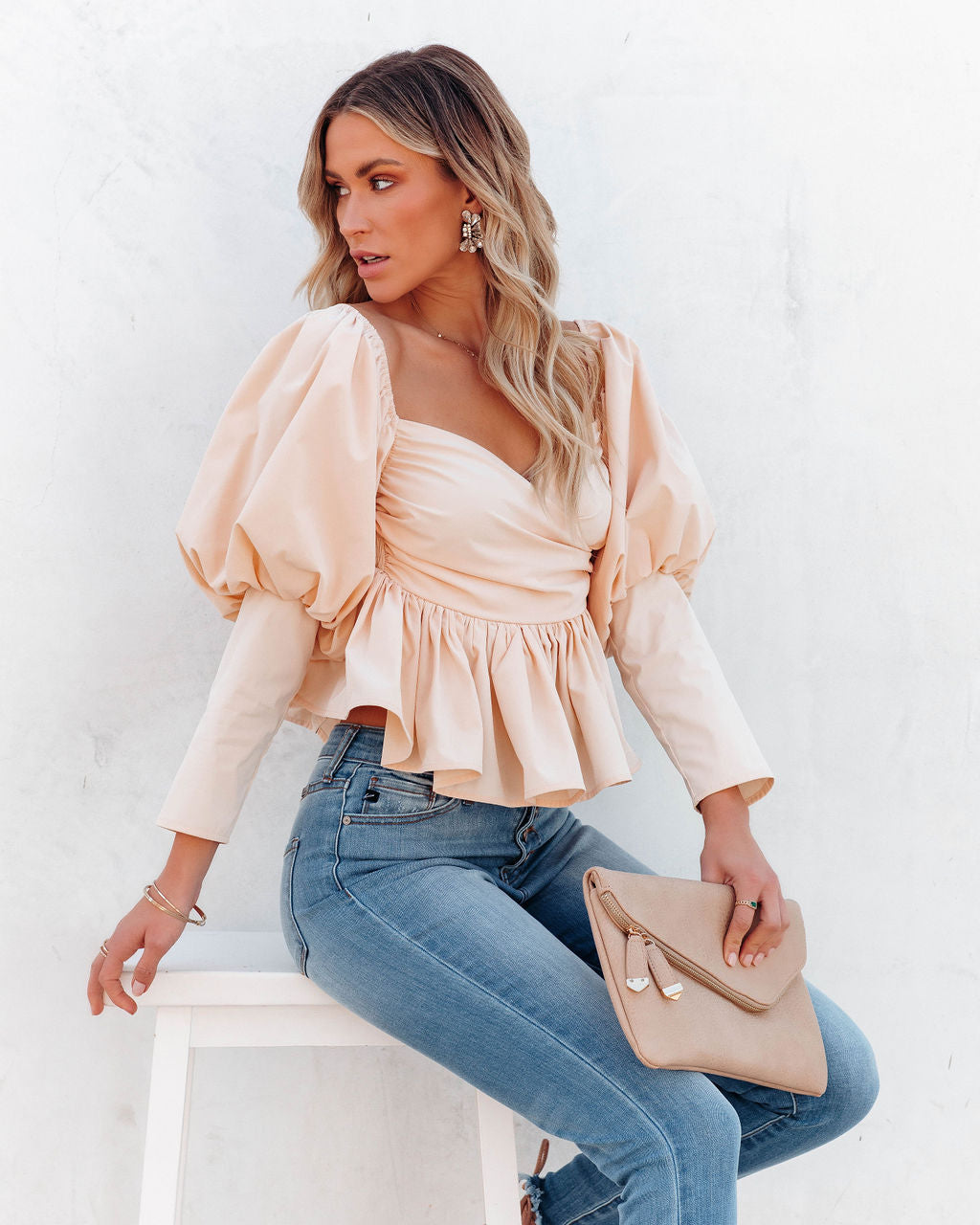 Soph Puff Sleeve Peplum Crop Top - Beige