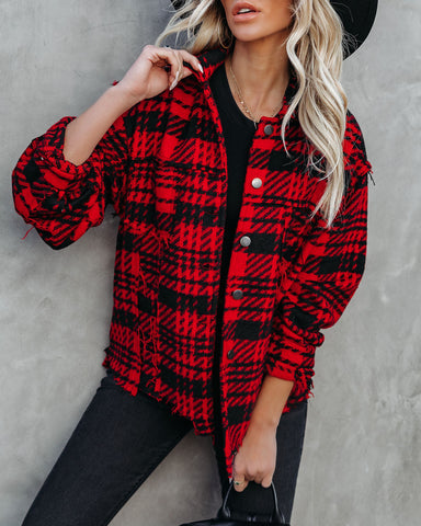 South Lake Frayed Plaid Shacket - Red