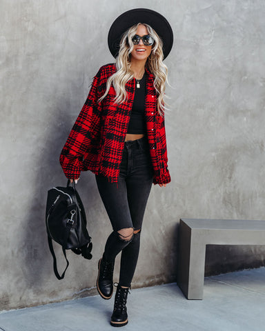 South Lake Frayed Plaid Shacket - Red