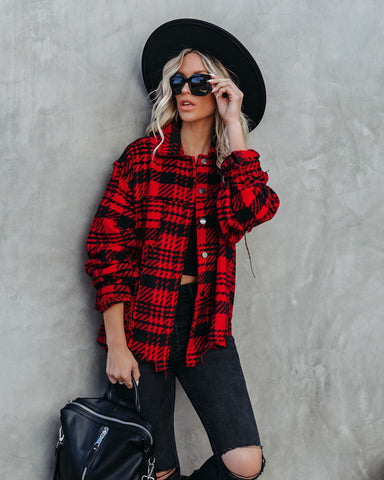 South Lake Frayed Plaid Shacket - Red