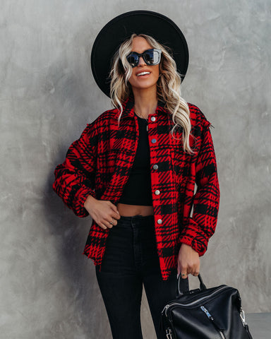 South Lake Frayed Plaid Shacket - Red