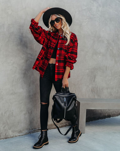 South Lake Frayed Plaid Shacket - Red