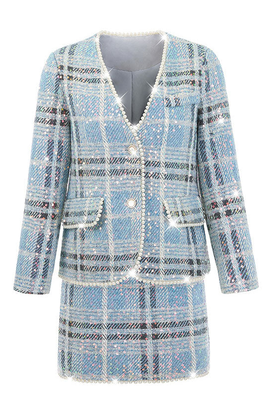 Sparkly Beaded Detail Plaid Tweed Jacket Two Piece Mini Dress - Blue