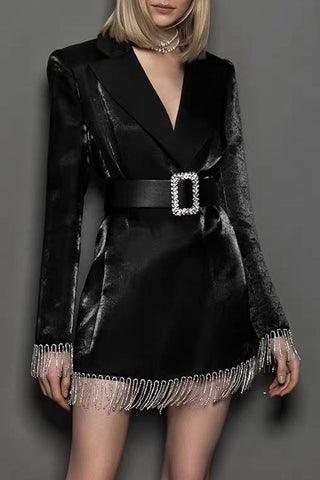 Sparkly Belted Fringe Trim Long Sleeve Blazer Mini Dress - Black