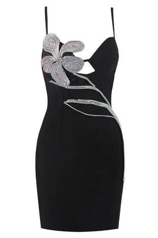 Sparkly Crystal Petal Embellished Bandage Slip Mini Dress - Black