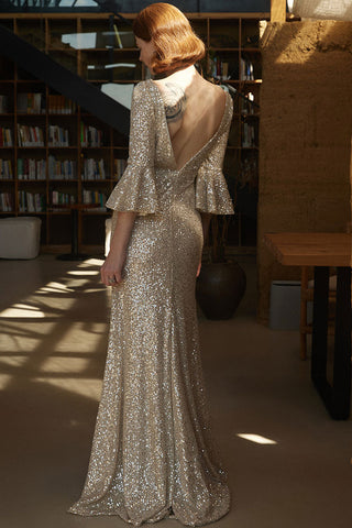 Sparkly Deep V Back Bell Sleeve Fishtail Sequin Formal Maxi Dress - Champagne