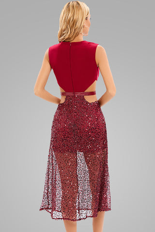 Robe de cocktail mi-longue à découpes et paillettes scintillantes, décolleté en V profond - Bordeaux