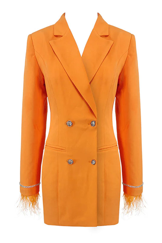 Robe blazer courte à manches longues et découpes dans le dos, ornée de plumes scintillantes - Orange