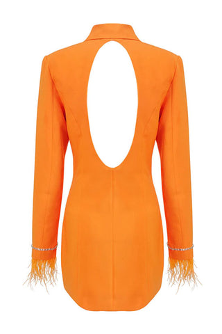 Robe blazer courte à manches longues et découpes dans le dos, ornée de plumes scintillantes - Orange