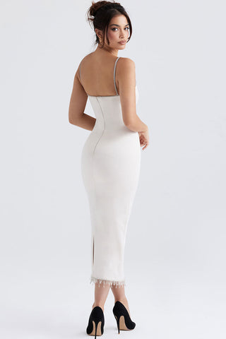 Sparkly Fringe Boat Neck Bodycon Sleeveless Satin Midi Dress - White