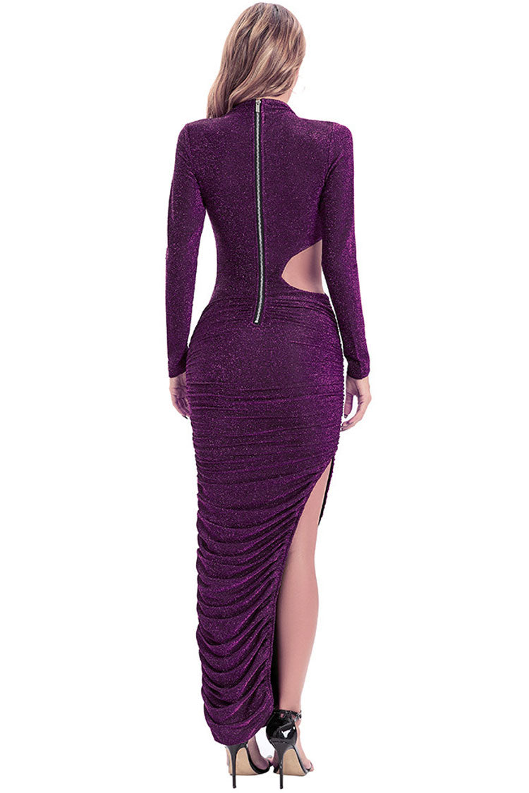 Sparkly Long Sleeve Ruched Cutout Split Formal Maxi Dress - Purple