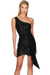 Sparkly One Shoulder Draped Sequin Mini Dress - Black