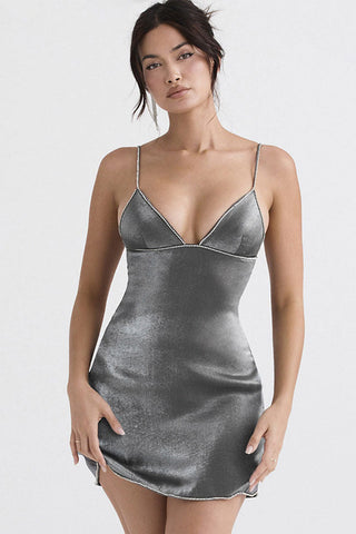 Sparkly Rhinestone Deep V Spaghetti Strap Slip Mini Dress - Silver Gray