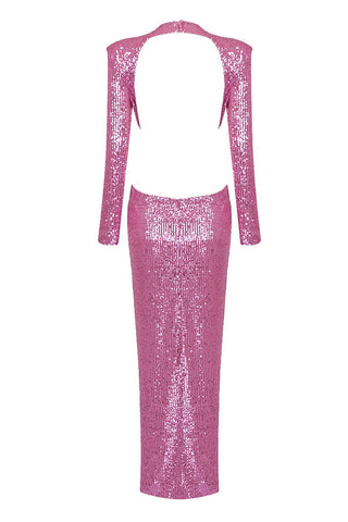 Glitzerndes Maxikleid mit Strass-Blumen-Puffärmeln und Cut-Out-Pailletten - Pink