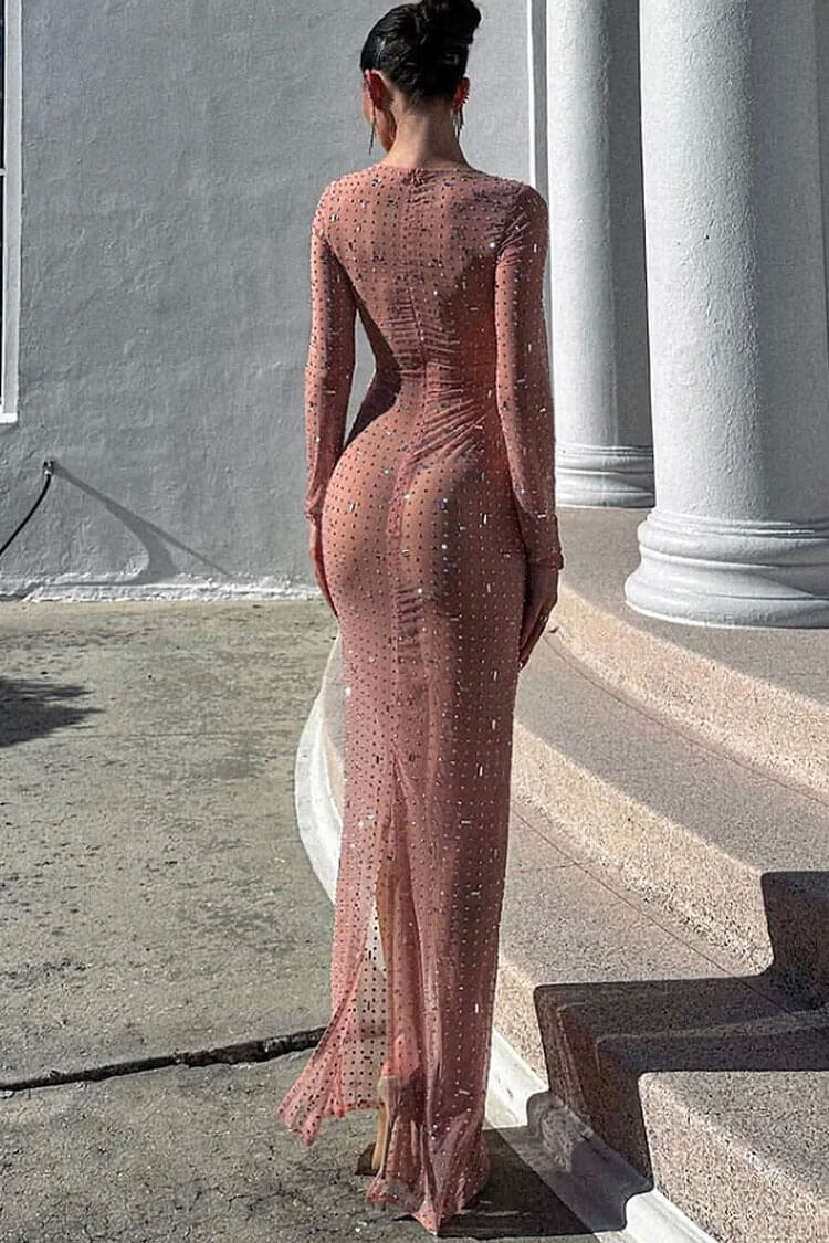 Sheer Mesh Rhinestone Sparkly Rhinestone Round Neck Long Sleeve Split Sheer Mesh Maxi Dress ...