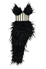 Sparkly Rhinestone Strapless Corset Feather Midi Dress - Black