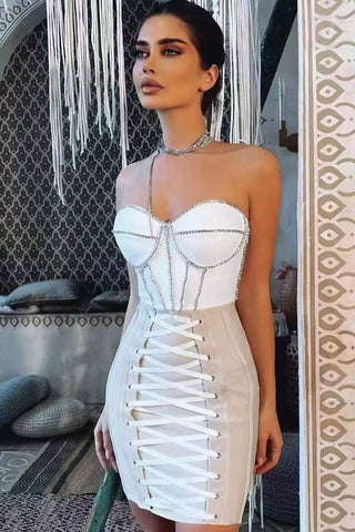 Robe courte moulante à lacets et strass scintillants, sans bretelles, à bandage - Blanc