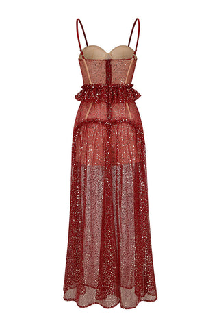 Robe longue en tulle à sequins et strass scintillants, décolleté en cœur, style corset - Rouge