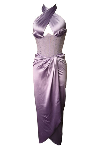 Robe longue de soirée fendue à col licou et bordures en strass scintillants - Violet