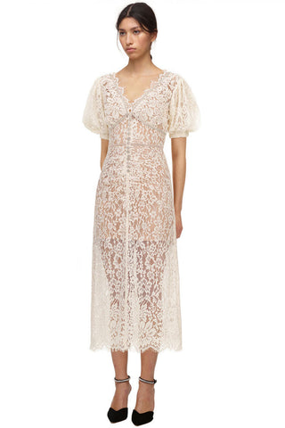 Sparkly Rhinestone V Neck Lace Cocktail Party Midi Dress - Cream