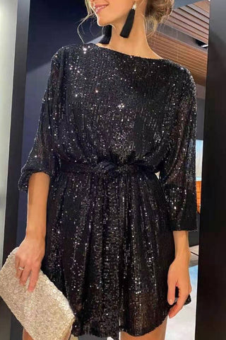 Sparkly Round Neck Bishop Sleeve Belted Sequin Mini Dress - Black