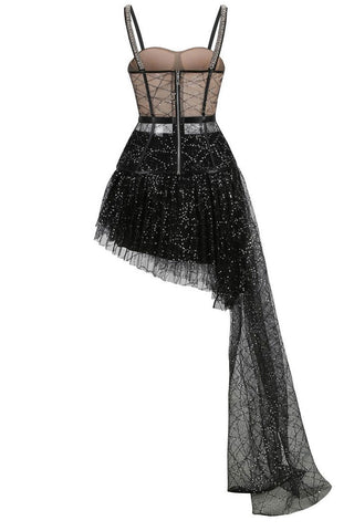 Sparkly Sequin Corset Draped Tulle Skirt Two Piece Dress - Black