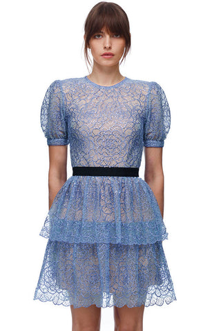 Robe courte à volants et sequins scintillants en maille fleurie française - Bleu