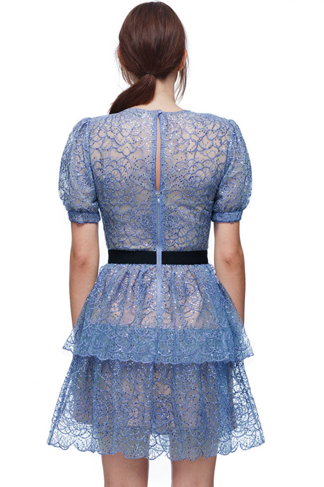 Mesh Ruffles Sparkly Sequin Floral French Mesh Ruffle Tiered Mini Dress - Blue ...