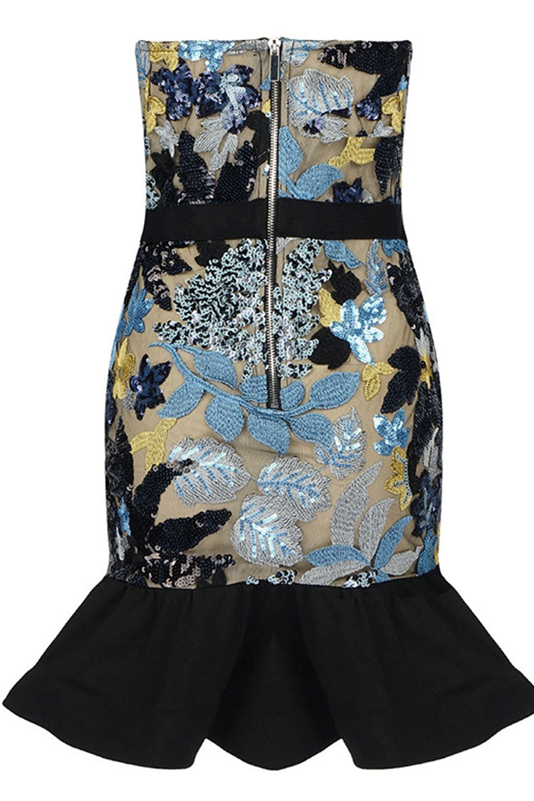 Glitzerndes Pailletten Blumen Rüschen Trägerloses Party Minikleid - Himmelblau