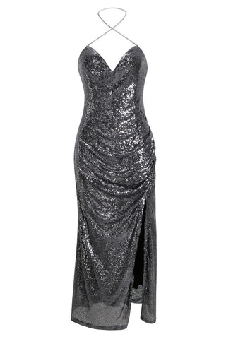 Robe longue de soirée à paillettes scintillantes, col bénitier et fente haute - Argent