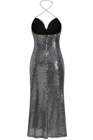 Glitzerndes Pailletten Neckholder Wasserfallausschnitt Hochgeschlitztes Maxi Abendkleid - Silber