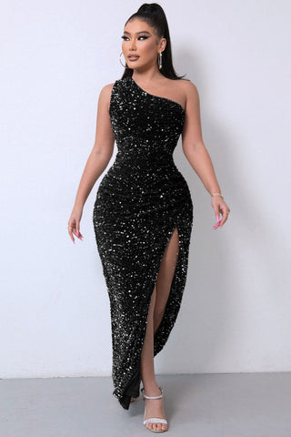 Robe longue de soirée asymétrique à paillettes scintillantes et fente haute - Noir