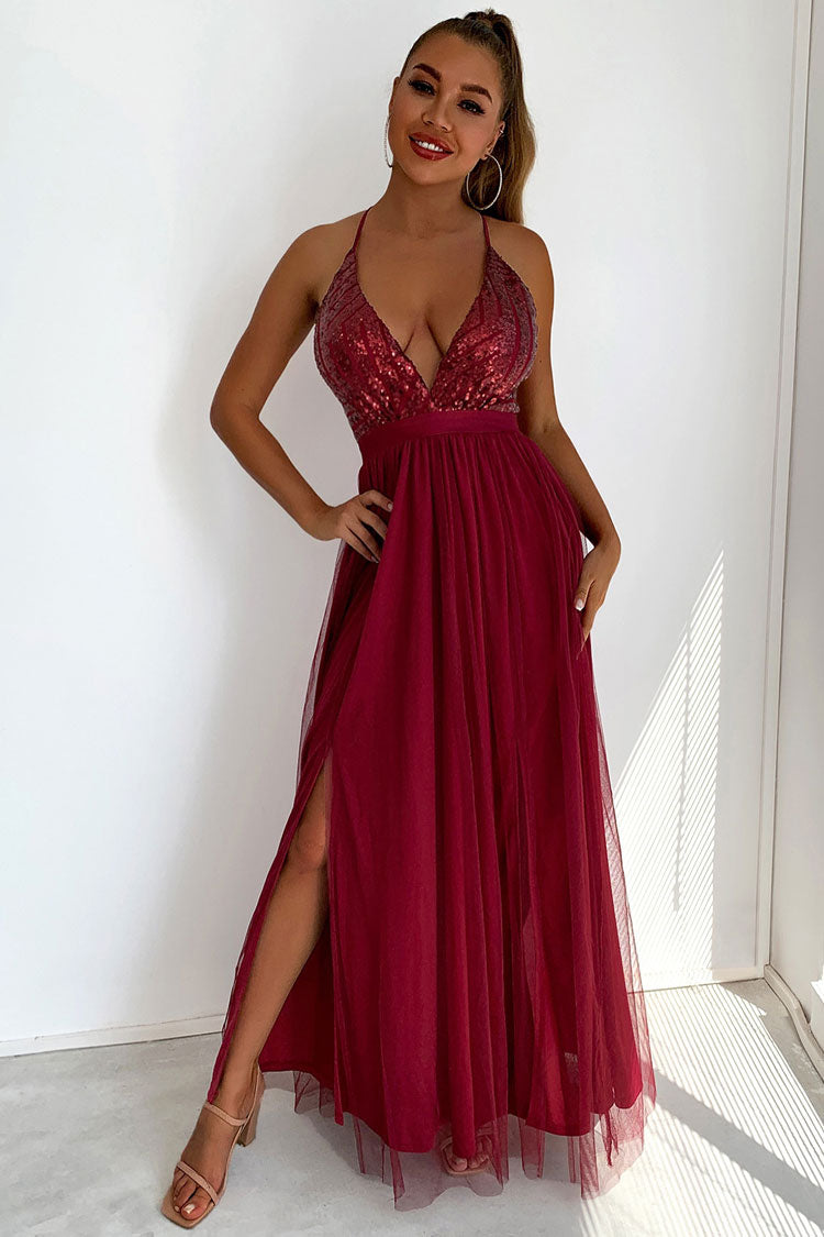 Robe longue de soirée à paillettes scintillantes, décolleté plongeant en V, dos nu et fente haute - Bordeaux