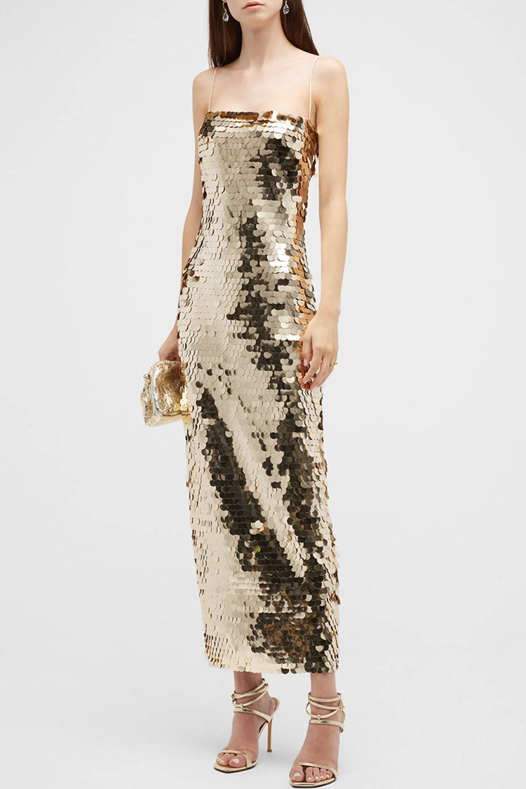 Sparkly Square Neck Spaghetti Strap Bodycon Sequin Cocktail Midi Dress