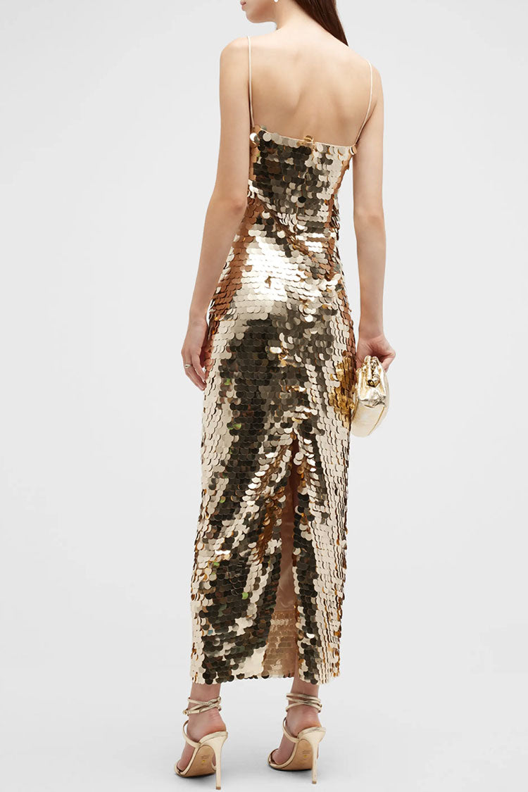 Sparkly Square Neck Spaghetti Strap Bodycon Sequin Cocktail Midi Dress