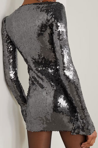 Robe courte moulante à paillettes et col noué scintillant, manches fendues - Noir et gris