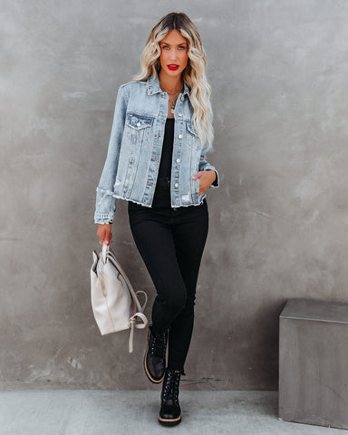 Speed Up Pocketed Distressed Denim Jacket