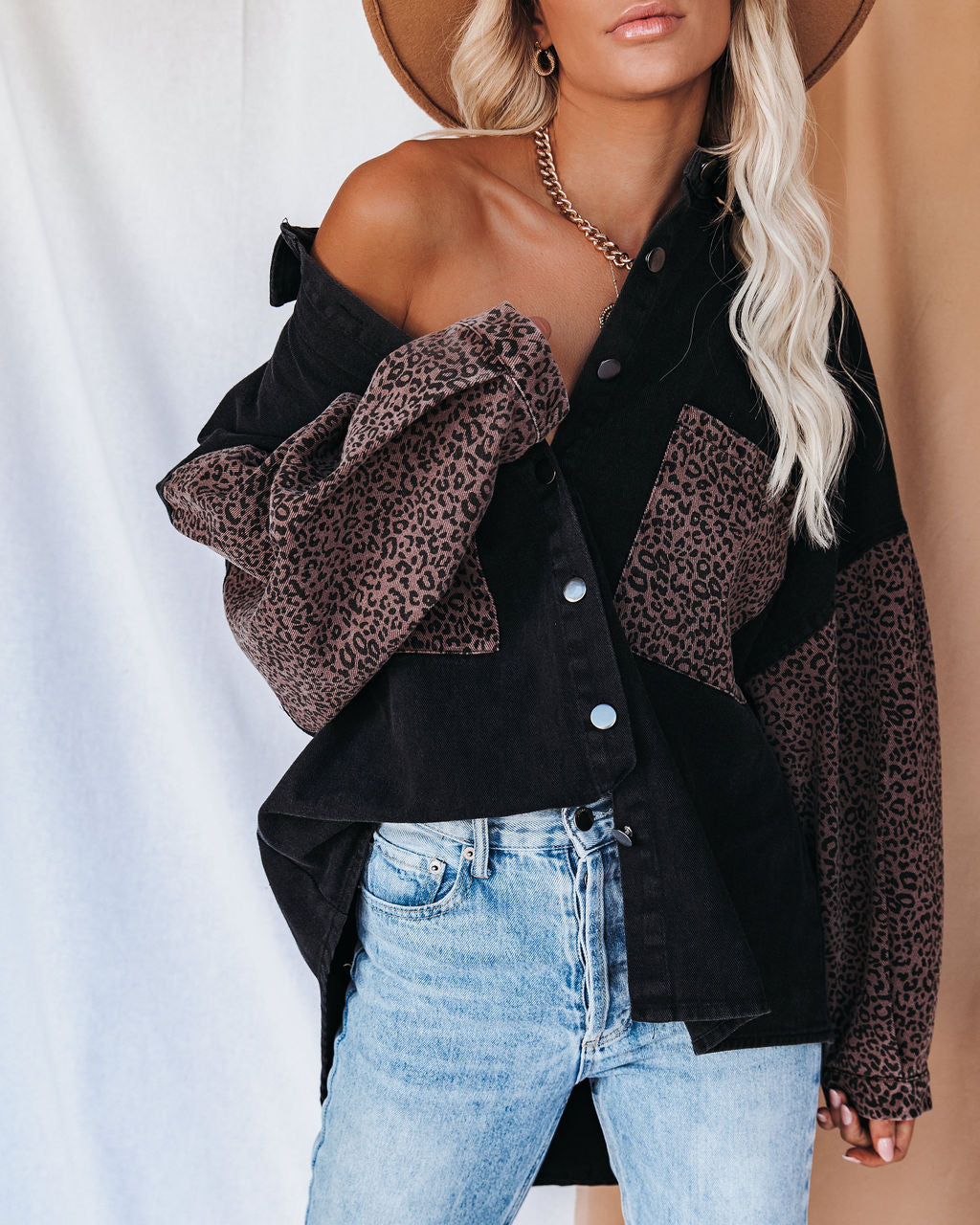 Spice It Up Contrast Leopard Denim Jacket - Black