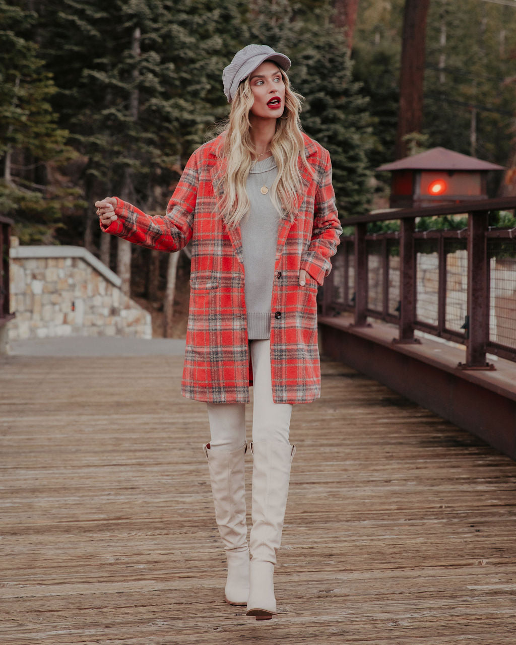 Stan Pocketed Plaid Coat - Coral