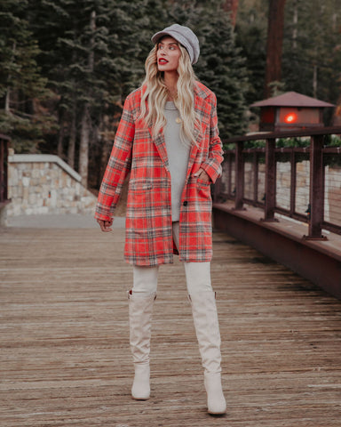 Stan Pocketed Plaid Coat - Coral