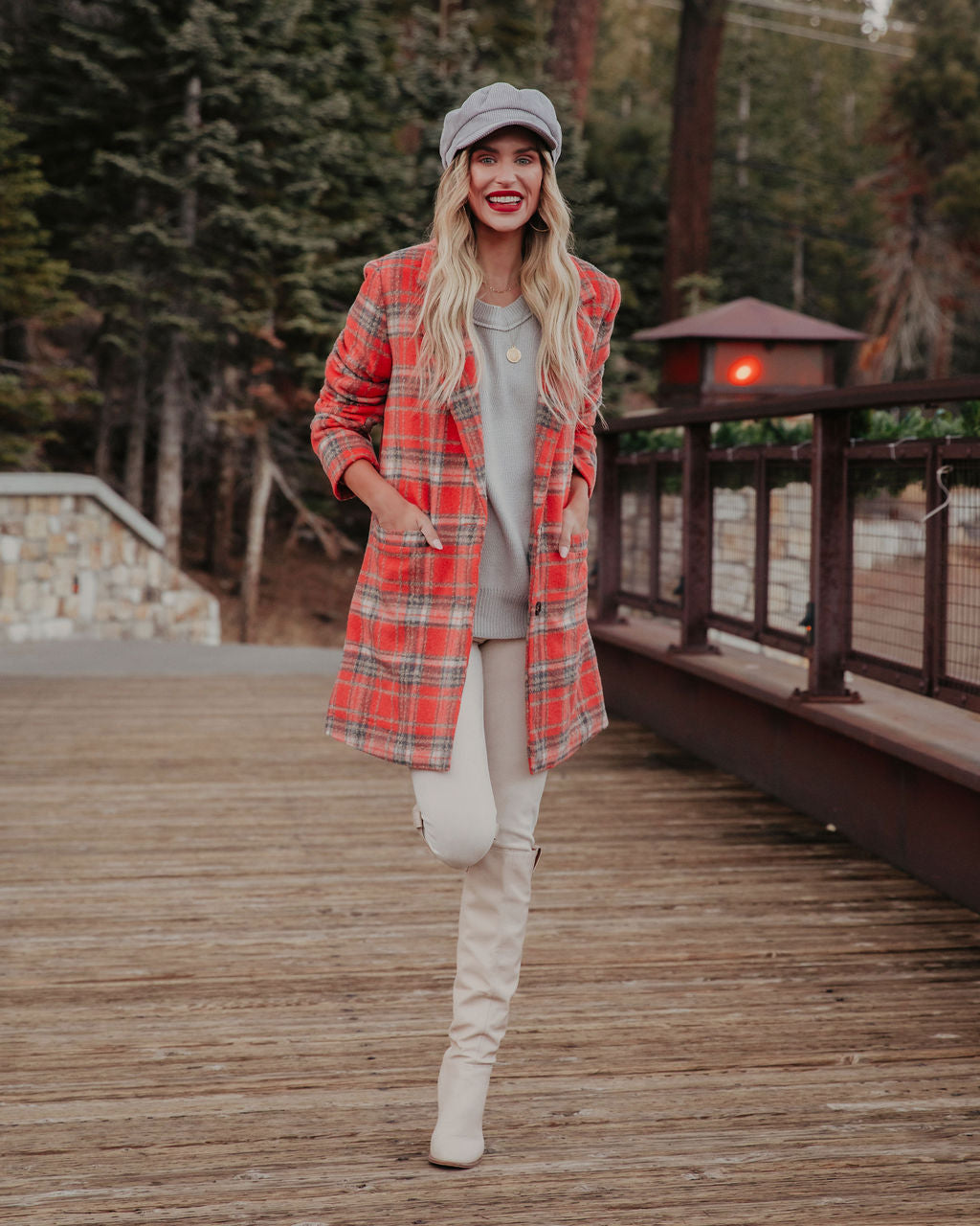 Stan Pocketed Plaid Coat - Coral