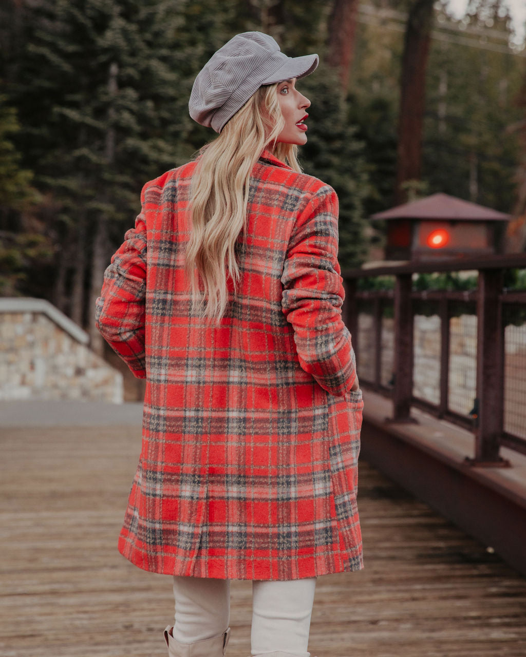 Stan Pocketed Plaid Coat - Coral