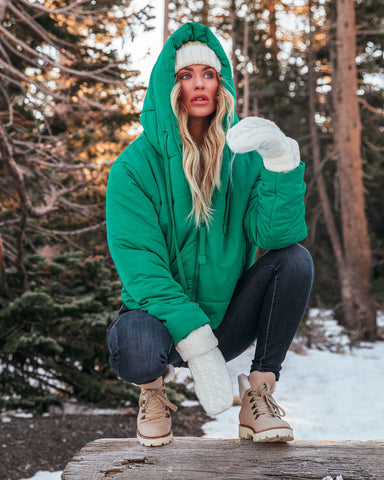 Stay Awhile Pocketed Hooded Puffer Jacket - Kelly Green